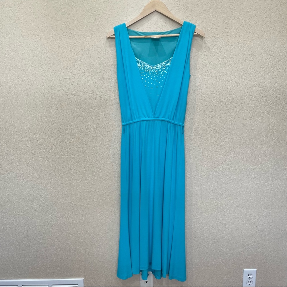 Escada Elegant Vintage Blue Sleeveless Dress W/ Sequin Detail 100% Silk Evening